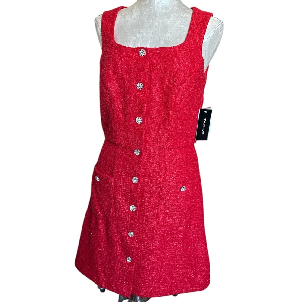 TAYLOR Red Tweed Mini Dress Square Neck Rhinestone Jewel Button Size 8 NWT